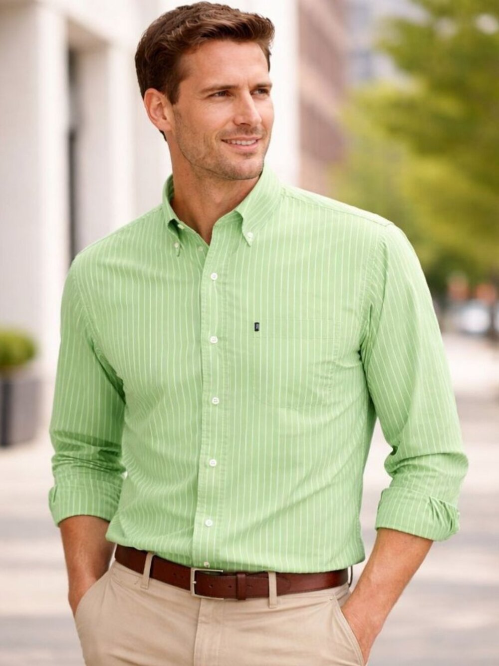 Brooks Brothers 346 Mens Shirt Long Sleeve Button Down Green Stripe Size L